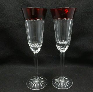 Waterford Crystal Simply Red Cut To Clear 2 Fluted Champagne Glasses,  9 1/2 "