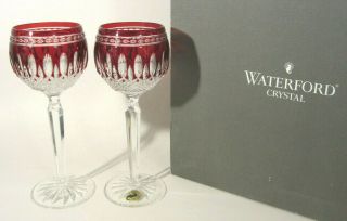 2 Waterford Crystal Clarendon Ruby Red Cut To Clear Glass Wine Hock Stem Goblets