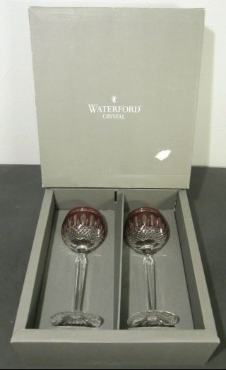 2 WATERFORD CRYSTAL CLARENDON Ruby Red Cut to Clear Glass Wine Hock Stem Goblets 2