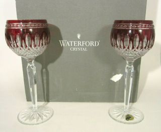 2 WATERFORD CRYSTAL CLARENDON Ruby Red Cut to Clear Glass Wine Hock Stem Goblets 3