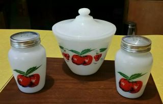 Htf Fire King Apple Pattern Range Set,  Grease Jar Salt And Pepper Shakers