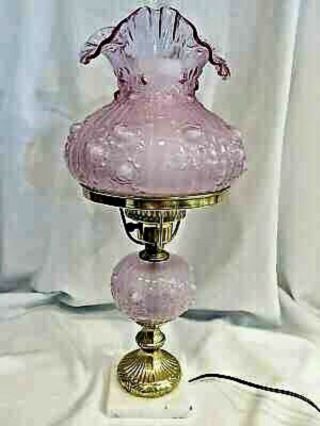 Vintage Fenton Glass Satin Pink Cabbage Rose Ruffled Table Desk Lamp Marble Base