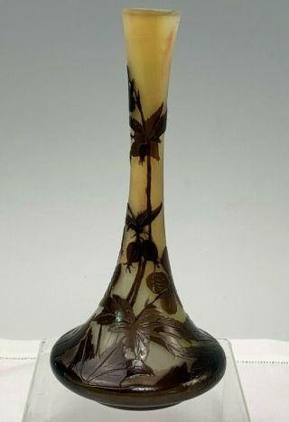 Signed Galle French Cameo Art Glass Vase,  Deep Purple On Yellow Long Neck