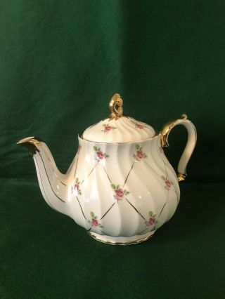 Vintage Sadler England Teapot W/ Pink Roses Swirl Style Body 22k Gold Trim