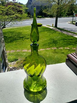 Mid Century Blenko Glass Decanter W/ Stopper Olive Green 16 Inch Tall Htf