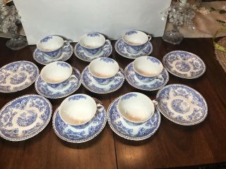 Antique John Maddock And Sons Bombay Blue 8 Tea Cups & 12 Saucers