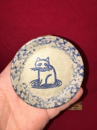 Vtg 1990 Beaumont Brothers Pottery 3” Cat Blue Salt Glaze Stoneware Plate Dish