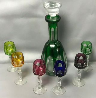 Nachtmann Green Decanter With 6 Multicolored Glasses Faceted Crystal