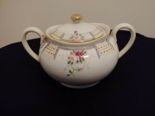 Vintage Hand Painted Nippon Sugar Bowl W/ Lid Porcelain Pink Flowers Gold Trim