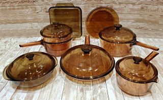 13 Pc Visions Visionware Corning Ware Amber Glass Cookware - Saucepans,  Skillets