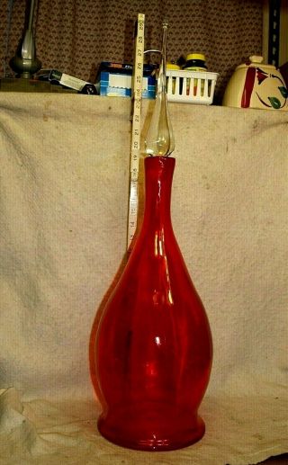 19 " Tall Hand Blown Ruby Red Art Glass Wine Decanter W 11 " Clear Crystal Stopper