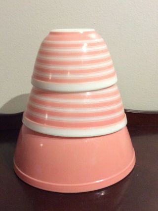 Vintage Pyrex Mixing Nesting Bowls Pink & Pink Stripes 401 402 & 403