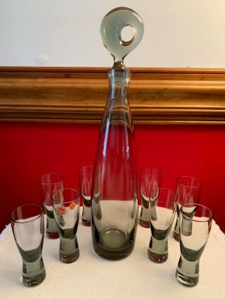Htf Vtg Mid Century Danish Modern Holmegaard Smoke Glass Decanter & 8 Cordials