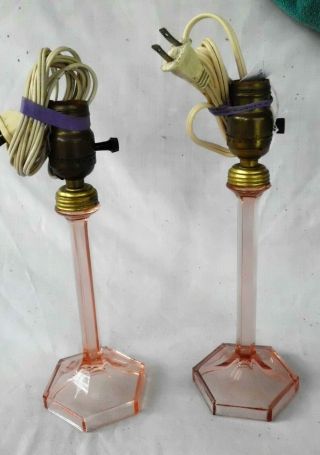 Pair Pink Depression Glass Candlestick Lamps - 12 " Tall