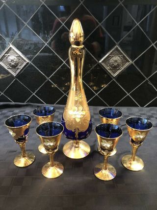 Vintage Venetian Murano Glass 24kt Gold Painted Cobalt Blue 8 Piece Set