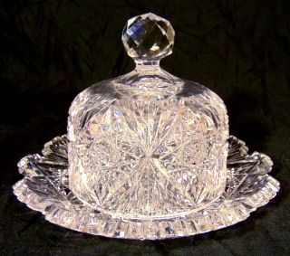 Abp Brilliant Cut Glass Crystal Dome Cheese Plate Dish Server Flashing Hobstar