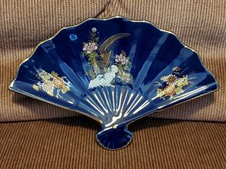 Vintage Kutani Japan Fan - Shaped Cobalt Blue Candy Dish,  With Sticker