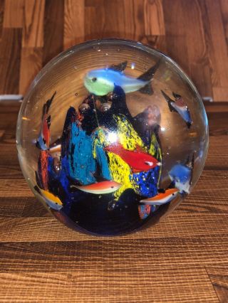 4.  5” Wide Midcentury Murano Art Glass Aquarium Paperweight - 9 Fish