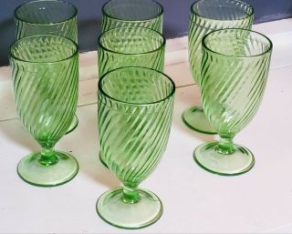 Set (7) Green Federal Depression Vaseline Glass Swirl Pattern Water Goblets 8 Oz