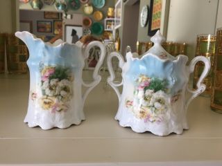 R S Prussia Cream And Covered Sugar Set Antique Porcelain Blue Floral 5” Tall