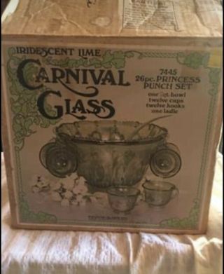 Vintage Indiana Glass Green Carnival Princess Punch Bowl Set