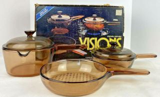 Vintage Corning Visions Rangetop Cookware Amber 5 Piece Set V - 168