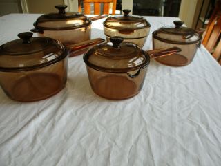 Vintage Corning Pyrex Vision Ware Amber Glass Cookware 10 Piece Set Pots & Pans