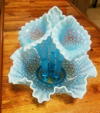 Vintage Fenton Opalescent Blue Hobnail Glass Epergne Bowl 3 Lily Horn Vase