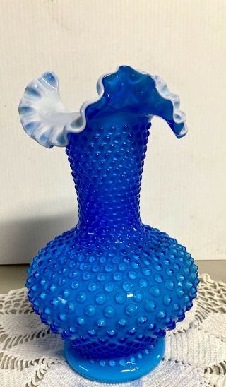 Vintage Fenton Glass Blue Hobnail White Vase Rare