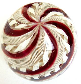 Fratelli Toso Murano Mcm Red Millefiori Ribbons Italian Art Glass Paperweight