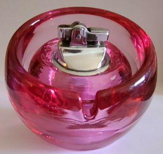 Rare Vintage Viking Art Glass Pink Thistle Sphere Ashtray & Matching Orb Lighter