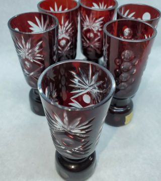 Vintage Bohemian Crystal Cut To Clear.  Ruby Red Shot Glasses.  Set Of Six.
