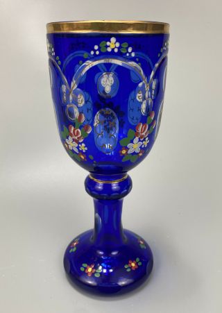 Set 2 Bohemian Cut Clear Crystal Wine Goblet Chalice Hock Cobalt Painted 2 & 5