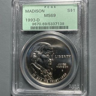 1993 - D $1 Madison 90 Silver Commemorative Dollar Pcgs Ms69 (57149)