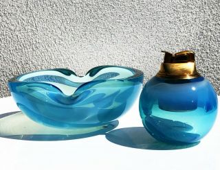 Vtg Italian Murano Alfredo Barbini Blue Opaline Folded Bowl Ashtray Lighter Mcm
