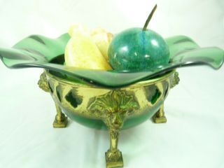 Vintage Pairpoint Green Glass Fruit Bowl Brass Lion Holder Insert Retro Decor