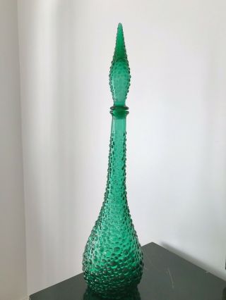 Vintage Mcm Empoli Glass Genie Bottle Green Bubble 22 " Decanter Barware