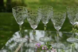 Vintage Etched Wine Glasses,  Set Of 6,  Floral Etched Water Goblets