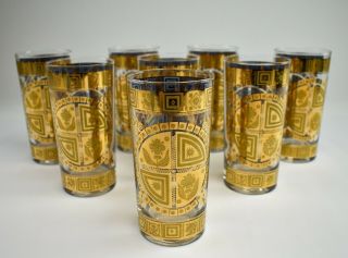 Set Of 8 Mcm Culver Coronet Gold Trim Highball Glasses Md - 22