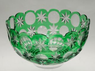Vintage Bohemian Emerald Green Cut To Clear Crystal Bowl 8.  75 "