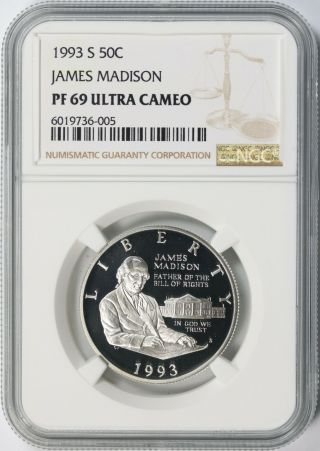 1993 - S 50c James Madison Commemorative Half Dollar Ngc Pf69 Ultra Cameo