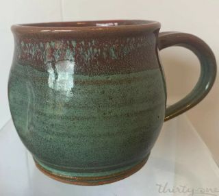 Funky Shape Handmade Stoneware Pottery Mug Green/brown Signed “hogenson” 2017