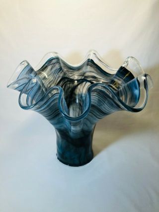 Lavorazione Arte Murano Large Swirled Ruffle Vase Blue Black Gray Italy
