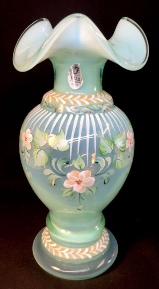 Fenton Art Glass Hand Painted " Floral " On Opaline Designer Vase 1997 Limited