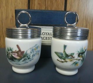 2 Vintage Royal Worcester England Porcelain Egg Coddler Cup Birds