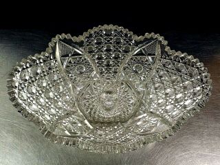 11 - 1/2 " Abp American Brilliant Cut Glass Oval Bowl,  Hobstar Sawtooth Crosshatch
