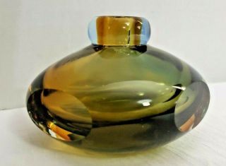 Mid Century Murano Glassware Amber Short Art Glass Bud Vase Heavy With Sticker