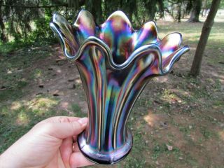 Northwood Thin Rib Antique Carnival Art Glass Squatty Vase Purple Gorgeous
