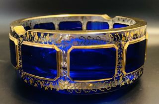 Stunning Cobalt Blue Cut To Clear Bohemian Moser Art Glass Gold Gilt Ashtray 5”