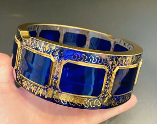 Stunning Cobalt Blue Cut To Clear Bohemian Moser Art Glass Gold Gilt Ashtray 5” 2